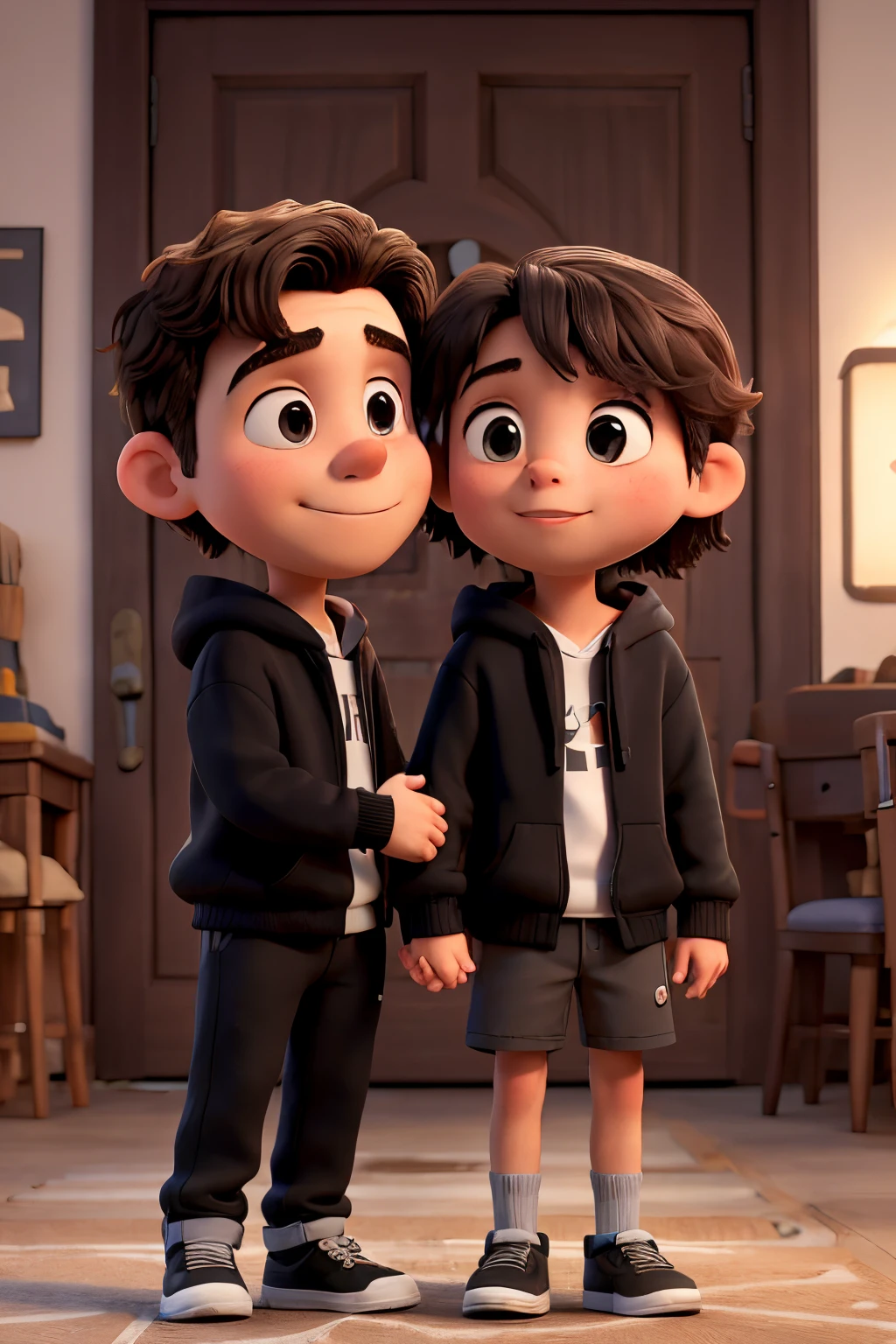 masterpiece, best quality, a man kissing a girl who is short from him,his hand onto her bak, boy wearing a black hoodie and girl wearing a black hoodie