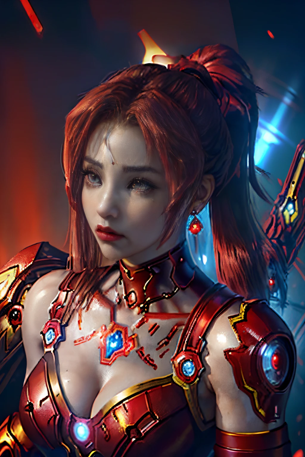 upper Body, Angry Expression,  Female, (((Aerith Gainsborough Short Red And Black Ponytail Hair))), (((Red Full Iron Man Armor))), (((Bright LED Blue Mechanical Glowing Eyes))), Red Lipstick, Black Eyeshadow, Gold Earrings, Tattoo, Watch on Right Wrist, Nighttime, Raining,