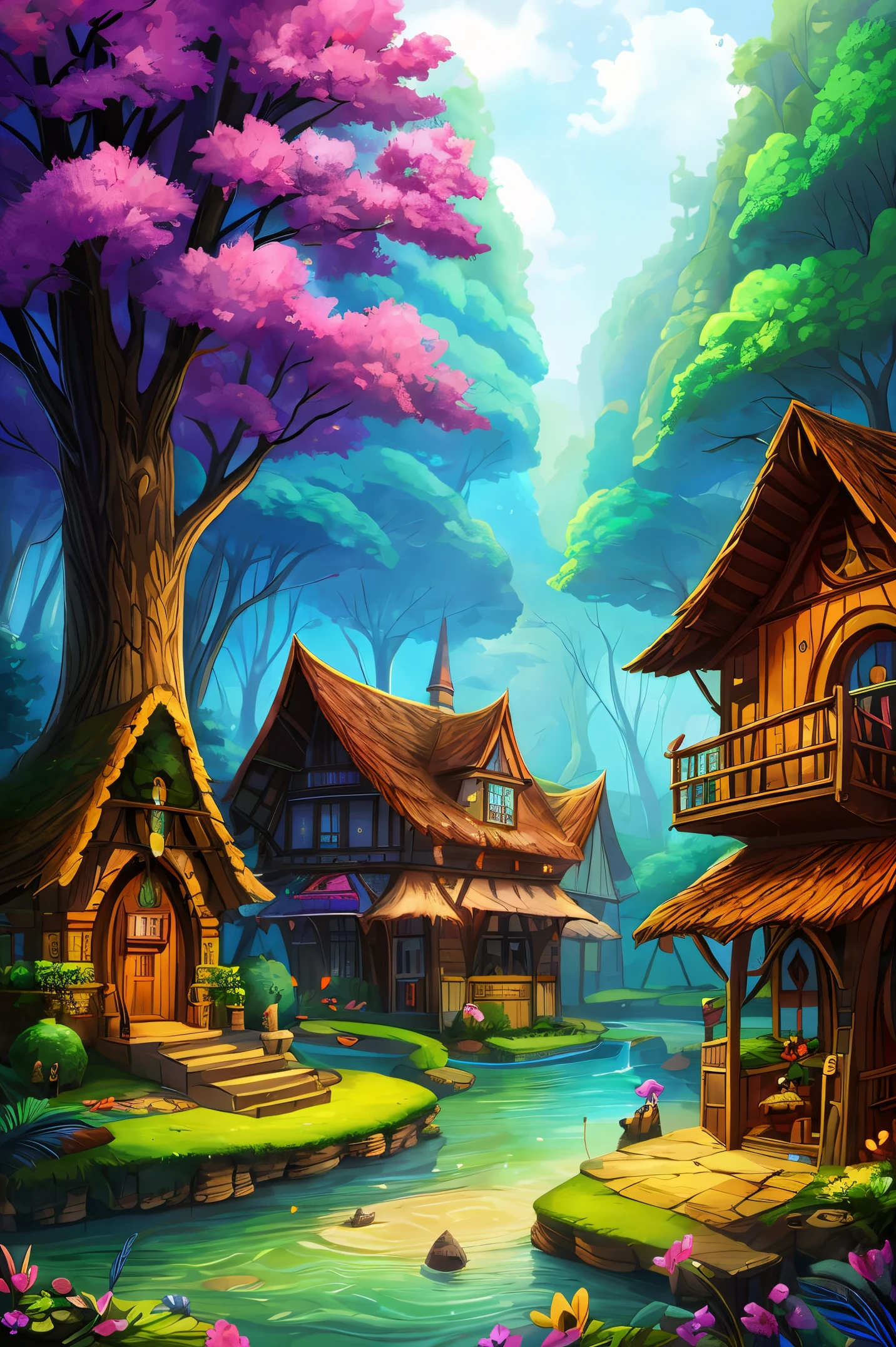 Colorful woods,Cartoon illustration of fantasy forest with tree house and stream, colorful concept art, made of tree and fantasy valley, arte de fundo, fairy kingdom forest, Stylized concept art, enchanted magical fantasy forest, magical fantasy 2 d concept art, fairy tale style background, a bustling magical town, whimsical fantasy landscape art, elf forest background, medeival fantasy town
