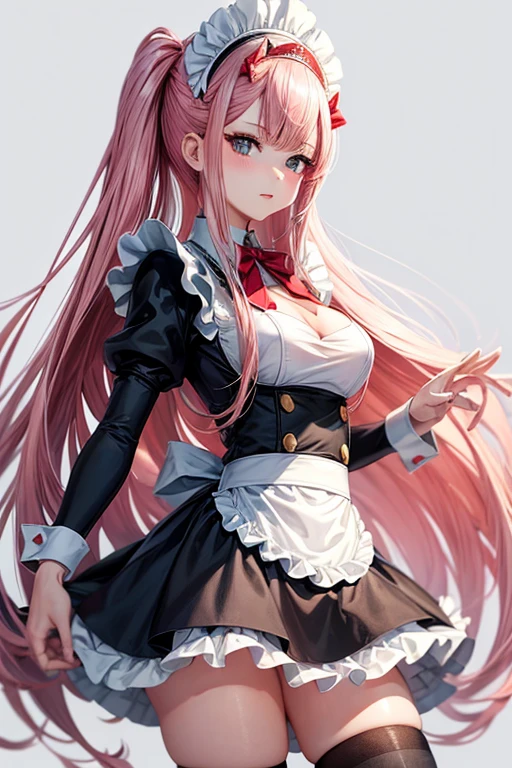 zero two, peitos grandes, anime, costume maid sexy, fundo branco, meias pretas, roupa preta