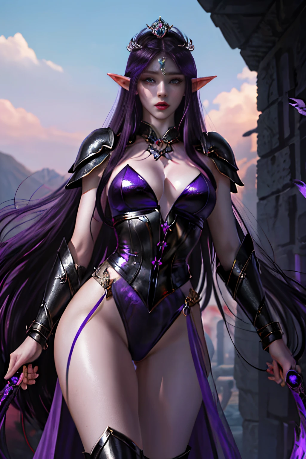 Female elf, a warrior, beautiful and sophisticated, with a commanding presence, youthful features, tall and lithe, with pale skin, (black) flowing hair, a slender, heart shaped face, with full, round lips, deep set, (((violet colored))) eyes, wearing full armor, and a crown of roses