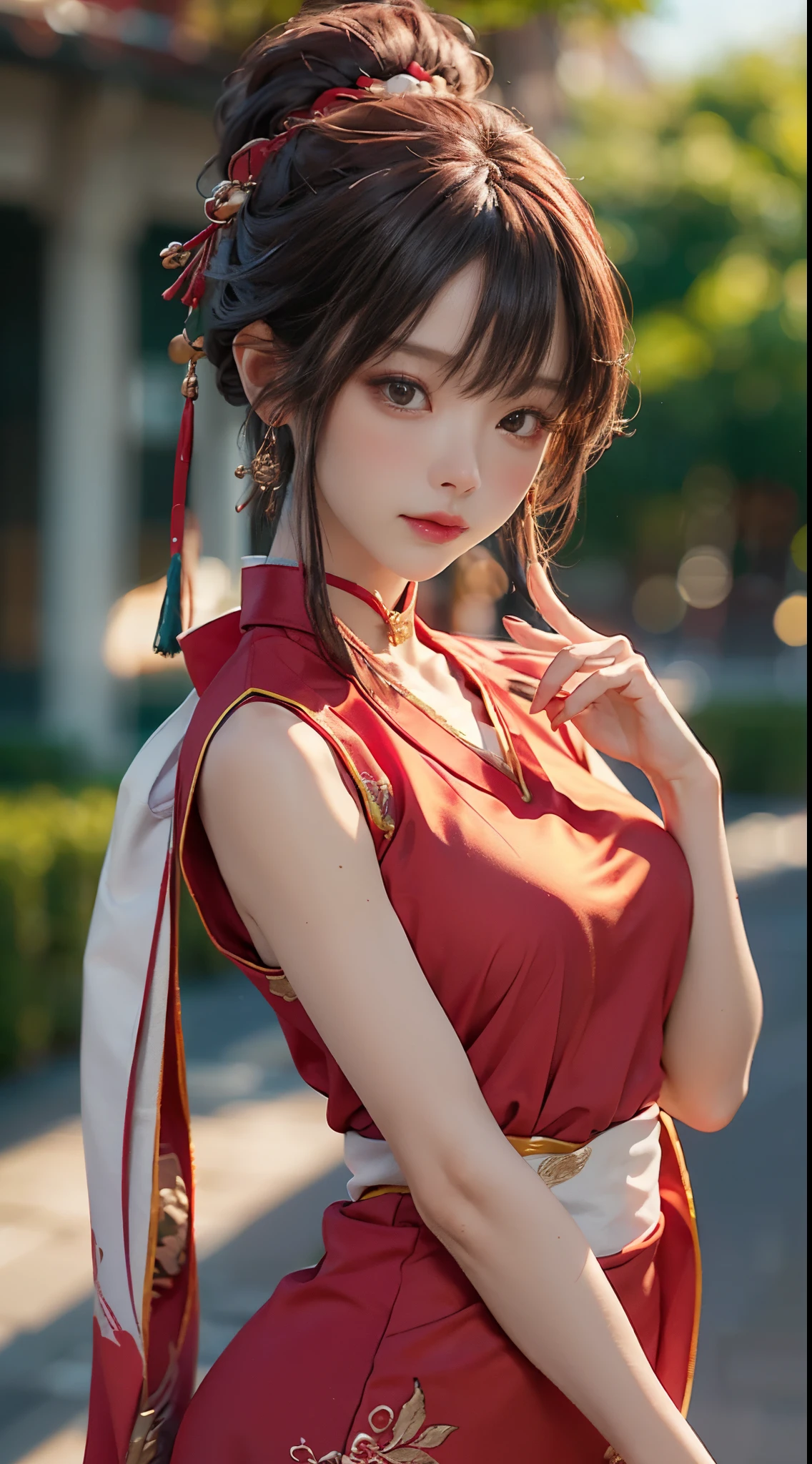 best qualtiy， tmasterpiece， hight resolution， 1girll， Chinese Hanfu，Background of Chinese Architect， red scarf， hair adornments， choker necklace， jewely， 美丽的面容， After _Body， Tindall Effect， realisticlying， Dark Studio， edge lit， two tone lighting， （highdetailskin：1.2）， 8K UHD， dslr camera， gentle illumination， hightquality， Volumetriclighting， Frankness， Photore， hight resolution， 4K， 8K， Bokeh，Girl in a red dress，perfect body type，