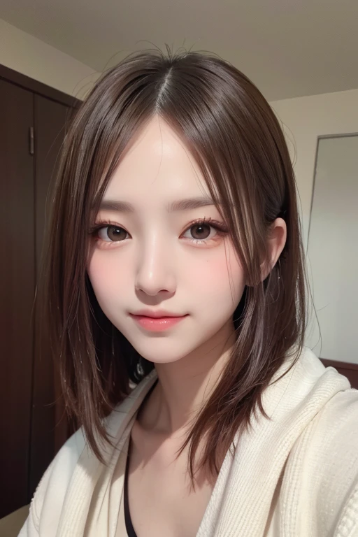 masterpiece, The highest image quality, hightquality, beautiful a girl, japanes, Japan schoolgirl, Popular Korean Makeup,Sweater that kills virgins、 detaileds, Swollen eyes, A detailed eye, Detailed skin, Beautiful skins, Bright sunlight、Professional Certification、超A high resolution, (现实:1.4), very extremely beautiful, Slightly younger face, Beautiful skins, slender, (A hyper-realistic), (hight resolution), (8K), (beautifully detailed eyes), (详细的脸), looking at the viewers, finely detail、A detailed face、pureerosfaceace_v1、A smile、Looking straight ahead、Looks straight from the waist up、photos realistic、length hair、In the winter city