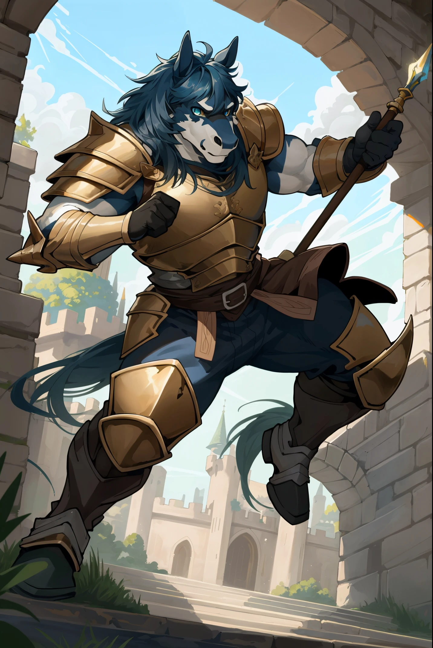 Tcover page, highres, top quality, best quality, paid reward available, unparalleled masterpiece, perfect artwork, absurdres, High-quality illustrations, super high resolution, detailed background,Perfect Anatomy Castle, Gatekeeper (Highly Detailed Beautiful Face and Eyes) absurdres, Perfect Anatomy ((Beastman, Solo Focus)) (Anthro: 1.7) ((Horse Facial Features, Horse Body Features)) (Dense and Detailed Muscles)) Full Body (Fighting Pose) Armor, Spear, Medieval Warrior, cinematic lighting, dynamic angle,