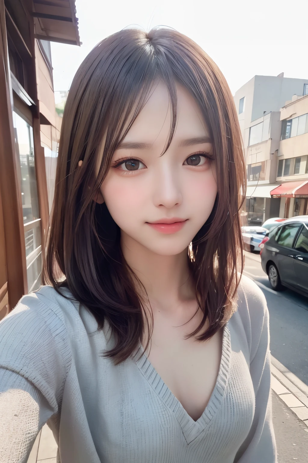 ​masterpiece, The highest image quality, hightquality, beautiful a girl, japanes, Japan girl, Popular Korean Makeup,Sweater that kills virgins、 detaileds, Swollen eyes, A detailed eye, Detailed skin, Beautiful skins, Bright sunlight、Professional certification、超A high resolution, (现实:1.4), very extremely beautiful, Slightly younger face, Beautiful skins, slender, (A hyper-realistic), (hight resolution), (8K), (beautifully detailed eyes), (详细的脸), looking at the viewers, finely detail、A detailed face、pureerosfaceace_v1、A smile、Looking straight ahead、Looks straight from the waist up、photos realistic、length hair、In the city in winter