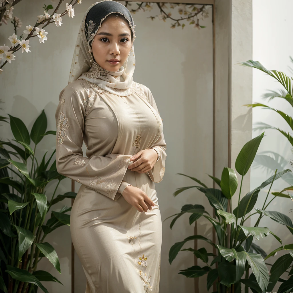 1 malay girl , modern plain hijab,  shy, medium portrait shot , watery  eyes ,lip watery, lip glossy, open mounth, ((big breast)), wear java wedding woman in kebaya dress berendra, kebaya batik, (big breast) , flower garden background, bokeh background, proportional body,