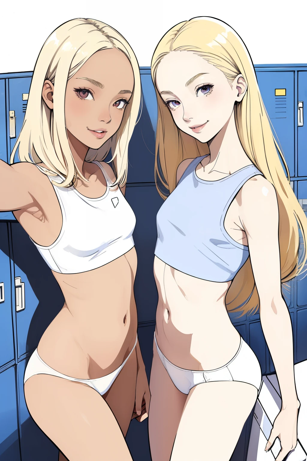 (superflat, flat shading, flat colors:1.1), 2girls, young , girl, slim, small breast, blonde hair, (tanned skin:0.5), pale skin, white crop top, (white panties), smile, selfie, locker room, bright sunlight, best shadows, watercolor,