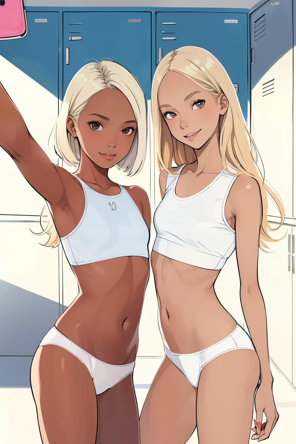 (superflat, flat shading, flat colors:1.1), 2girls, young , girl, slim, small breast, blonde hair, (tanned skin:0.5), pale skin, white crop top, (white panties), smile, selfie, locker room, bright sunlight, best shadows, watercolor,