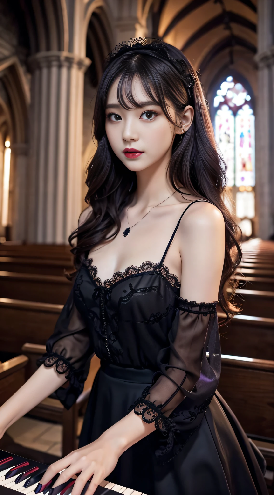 LTRA Details、Fascinating beauty、Dainty woman、Cool Girl、Wavy Hair、Black chiffon dress、Wide sleeves、flered skirt、Black pantyhose、Evil Female Executive、Evil Fall、brainwash、lacy fabric、Glossy legs、black lipstick、Evil look、Suspicious look、Hollow eyes、wicked、Reaching out、Arms up、In the Church、Palm forward、Purple Lipstick