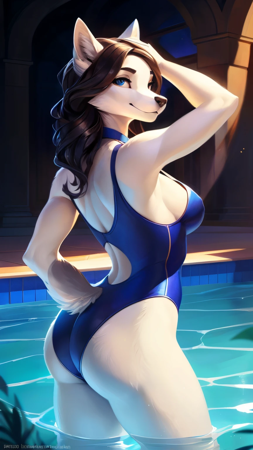uploaded on e621, by Pixelsketcher, by Bayard Wu, by Thomas Benjamin Kennington , by Einshelm, solo anthro, (( Portrait)), BREAK, ((wearing swim suit)), (swim suit), ((snout tied shut)), (detailed Bonifasko lighting), natural goddess, (Detailed fur), (detailed skin), BREAK, (hands in hair), ((turned away looking over shoulder)), (Cinematic lighting), ((Detailed background)), (half body shadow), [Backlighting], [crepuscular ray], [Detailed ambient light], [gray natural lighting], [ambient light on the belly], (higher wildlife feral detail), [explict content], [sharp-focus], (Questionable content), (shaded), ((Masterpiece), hands on the waist, long wavy hair, big hips, Average Breasts, pectorals, Fluffy arctic fox, Wavethesallow Face, furry fantasy art, anthro art, commission for high res, Furry art, pov furry art, Sakimichan is beautiful, Masterpiece, big hips, small Breasts, Best Quality, Detailed image, Bright colors, Detailed Face, wearing horse halter, perfect  lighting, Perfect shadows, Perfect eyes, focus on girl, flawless face, small breasts, gorgeous body, shiny body, legs focus, Ears last year, black wavy hair, arctic fox Girl, Fluffy, fluffy woman, Body fur, Animal nose, muzzle, two-toned fur, gaze at the viewer, half closed eyes, 1girl, full - body, (Masterpiece:1.21), (Best Quality:1.2), (illustartion:1.2), (Cinematic lighting:1.3), hands on the waist, Detailed fur, Balanced colouring, Global Illumination, Ray Tracing, good lighting, arctic fox, Furry, anthro,big butt, wavy hair, cleavage, attractive body, , looking at viewer over shoulder, seductive gaze, thick-thighs, fit body, exposed belly, leg spread, swim competition, at swimming pool, camel toe, camels toe crotch, hard nipples, toned muscles, back view, nice butt, wedgie, body turned away from camera, butt view
