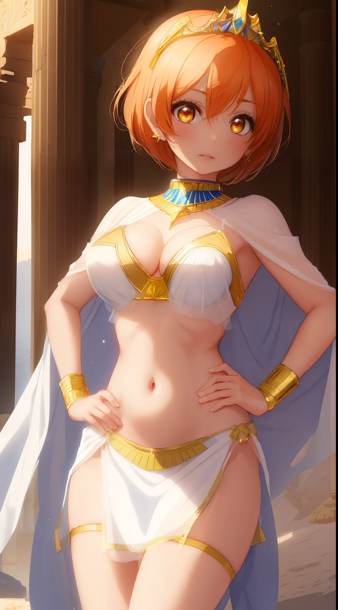 ((Masterpiece)), 8k wallpaper,Hoshizora rin,sksrin, beautiful female model,short hair,facial details,glowing eyes,detailed body part details,looking at viewer,(one hand on hip one hand on hair),thighs,navel, cleavage,(white Egyptian dress),tiara,in Egyptian desert,sun and pyramid in background.