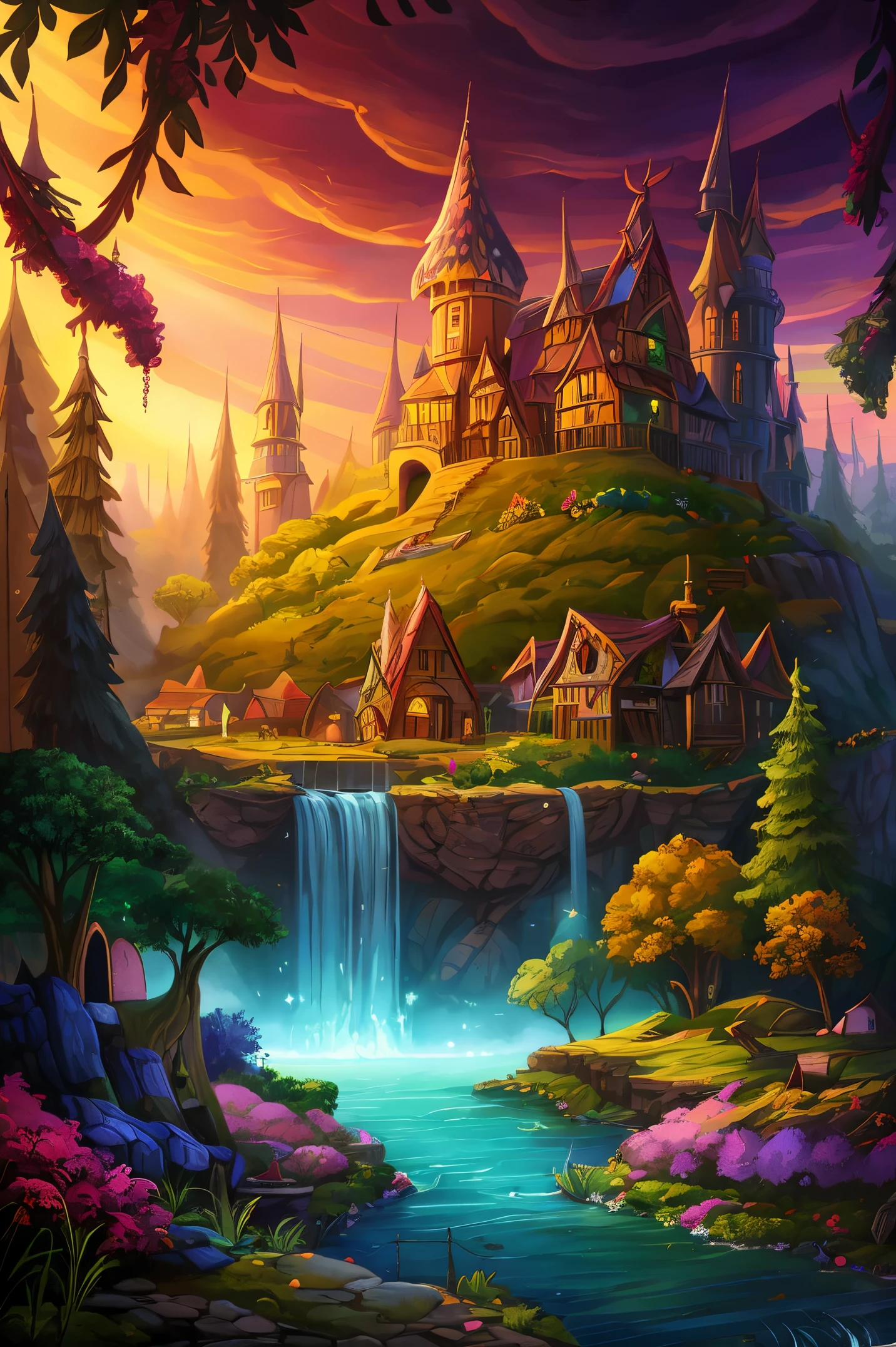 Colorful woods,Cartoon illustration of fantasy forest with tree house and stream, colorful concept art, made of tree and fantasy valley, arte de fundo, fairy kingdom forest, Stylized concept art, enchanted magical fantasy forest, magical fantasy 2 d concept art, fairy tale style background, a bustling magical town, whimsical fantasy landscape art, elf forest background, medeival fantasy town