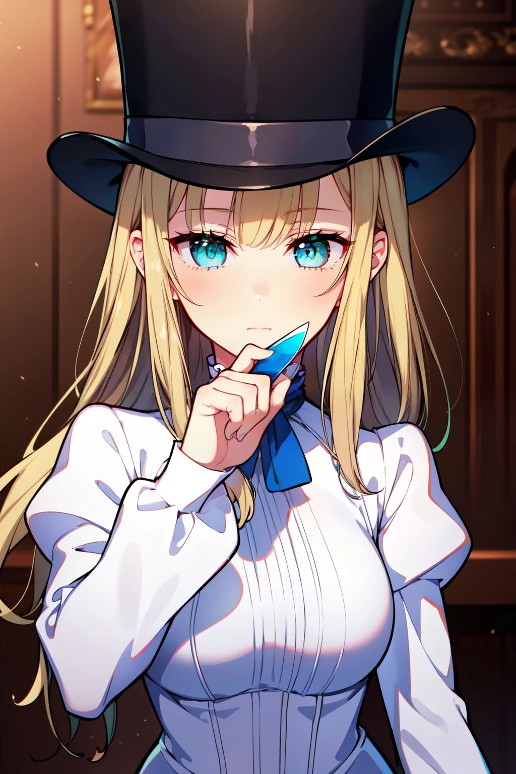 (1girl, solo), blonde hair, side ponytail, blue eyes, (green eyes:1.5), hair ribbon, long hair, (medium breast:1.2), hat, hat flower, juliet sleeves, long sleeves, puffy sleeves, (white dress:1.5), frills, top hat, black top hat, looking at viewer, holding knife, antique knife, indoors, (masterpiece:1.2), best quality, high resolution, unity 8k wallpaper, (illustration:0.8), (beautiful detailed eyes:1.6), extremely detailed face, perfect lighting, extremely detailed CG, (perfect hands, perfect anatomy),