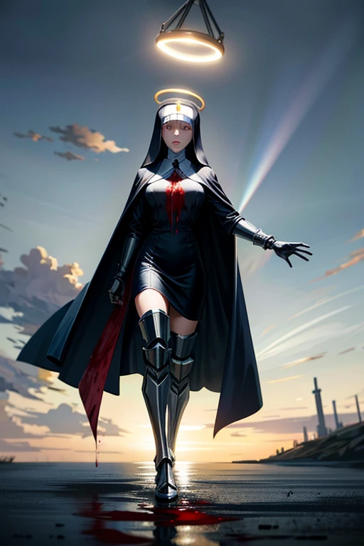 (futuristic:1.0), (horror:1.3), BREAK,
(bleak atmosphere:1.2), (dark:1.2), (night time:1.2), (full body:1.0), BREAK,
(1girl:1.2), (nun:1.2), (mechanical legs:1.2), (mechanical neck:1.2), (wounded:1.2), (blood:1.4), (glowing eyes:1.2), (torn clothes:1.0), BREAK,
(radiant light rays:1.2), (halo:1.2), (divine judgement:1.2), BREAK,
(4k:1.2), (extreme resolution:1.2), (highly intricate:1.2), (studio quality:1.2), (extremely detailed:1.2), (beautiful and aesthetic:1.4)