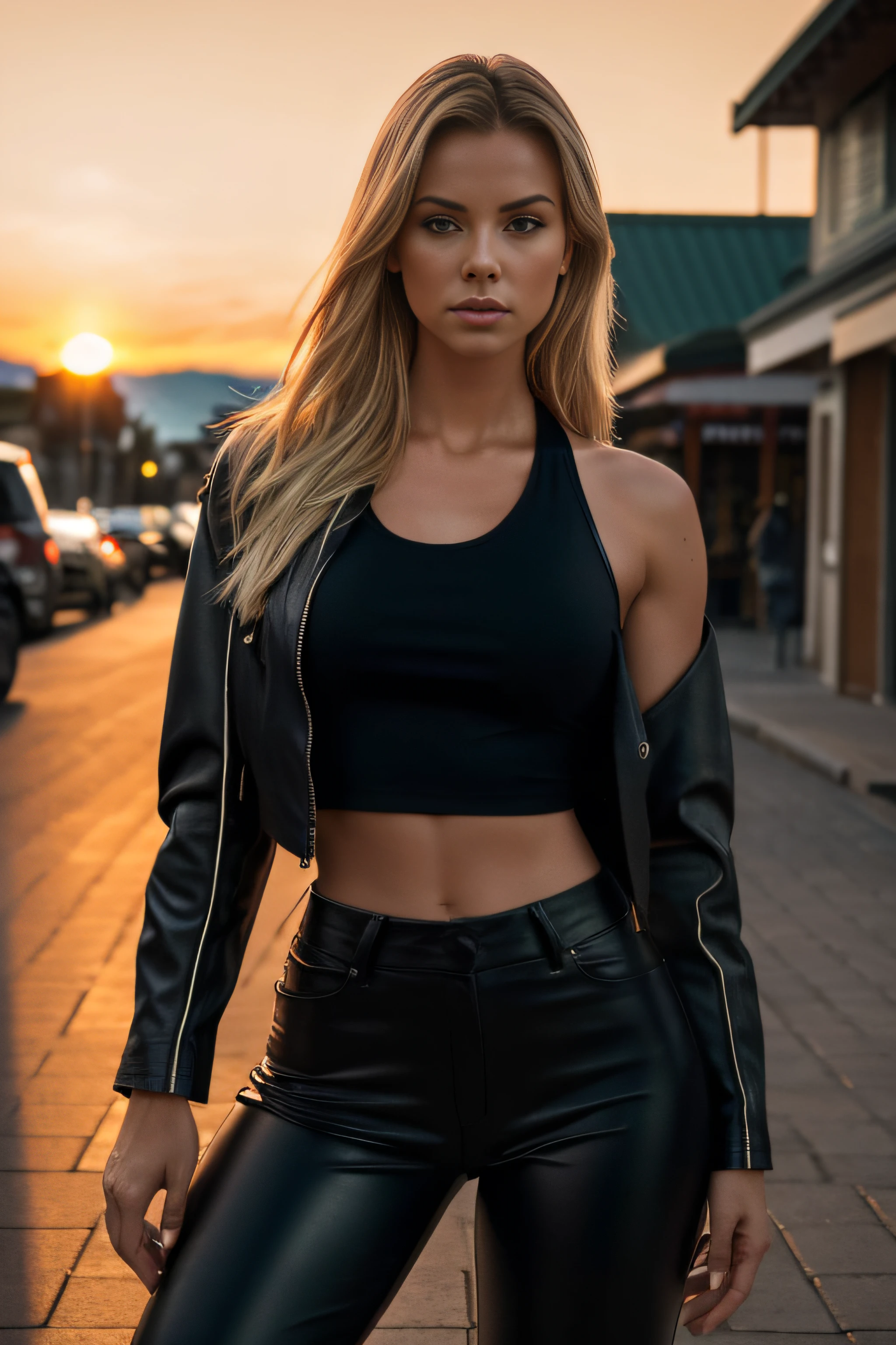 full-length, white, blonde woman standing in a whistler square ( - Canada), wearing a green leather jacket over a thin, transparent low-cut tank top. She wears matte black leather pants. The woman has a beautiful, toned,  body. The image is realistic, highly detailed. Very high resolution, 8k rendering, late afternoon lighting with the sun setting and the horizon red. The city lights are on. The lighting is perfect, the scene is sharp, extreme realism, cinematic image.