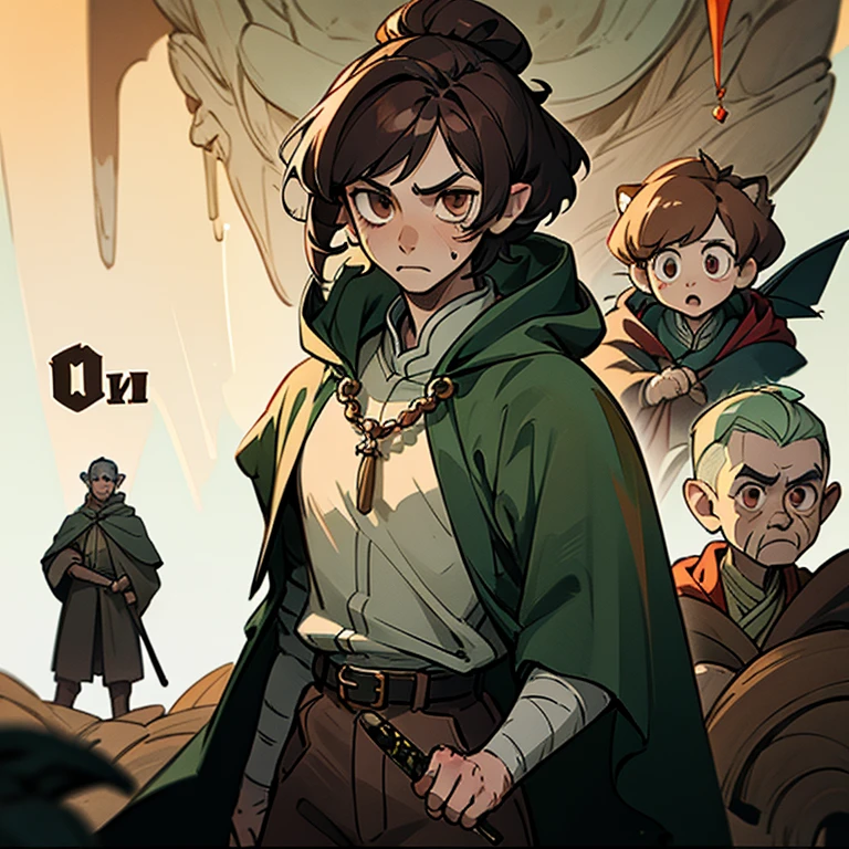 digital arts, inspired by Li Mei-shu, 25 years, the hobbit, 1boy, grown up, 独奏, Short Hair Hair, pixie cut, cloak, (a hood on his head)) Coiling hair, light skin, medieval, adventurer, Fantasy, chocolate  hair, dark green cloak, brown eye, grimm, A large scar on his cheek, Sword on the belt, White rosary on hand, (Scars), Lots of shadows, Dark colors, brown pants, white  shirt, Depth of field
