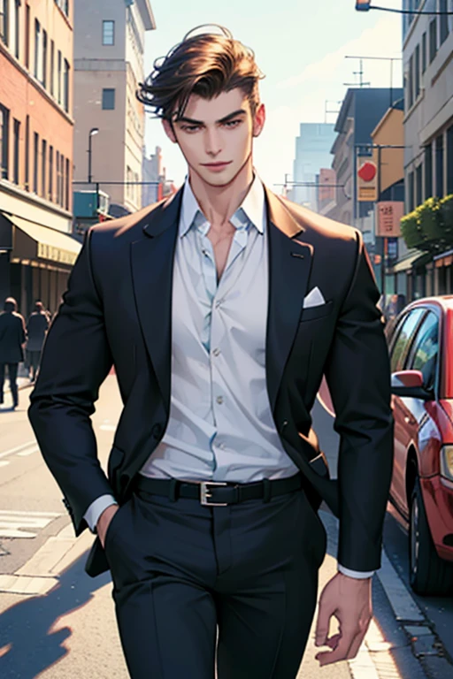 (good quality,highres,masterpiece:1.2),ultra-detailed,[portrait] (realistic,photorealistic,photo-realistic:1.37),handsome male model with [hazel eyes], [chiseled jawline], [sculpted cheekbones], [perfectly groomed hair], [charming smile] [wearing a stylish suit], [standing confidently] in a [modern urban setting], [captivating viewers with his magnetic gaze], [exuding confidence and charisma], [illuminated by soft natural sunlight], [vibrant colors] creating a [warm and inviting atmosphere].