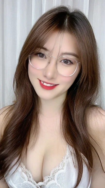 (realistic, high resolution:1.3), 1 girl with perfect figure, glasses, smile, ((pale white skin:1.3)) ,(gigantic breasts:1.3), looking at viewers, super fine face and eyes, long hair, white transparent lace veil: 1.2 , in bedroom, sit on the bed, , exposed cleavage, upper body, half body