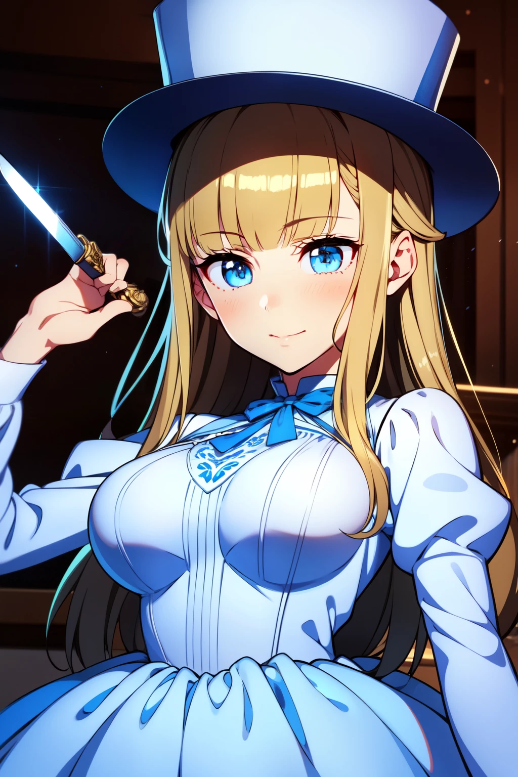 (1girl, solo), blonde hair, side ponytail, (blue eyes:1.5), hair ribbon, long hair, (medium breast:1.2), hat, hat flower, juliet sleeves, long sleeves, puffy sleeves, (white dress:1.5), frills, top hat, black top hat, looking at viewer, holding knife, indoors, (masterpiece:1.2), best quality, high resolution, unity 8k wallpaper, (illustration:1.2), anime style, (beautiful detailed eyes:1.6), extremely detailed face, perfect lighting, extremely detailed CG, (perfect hands, perfect anatomy),