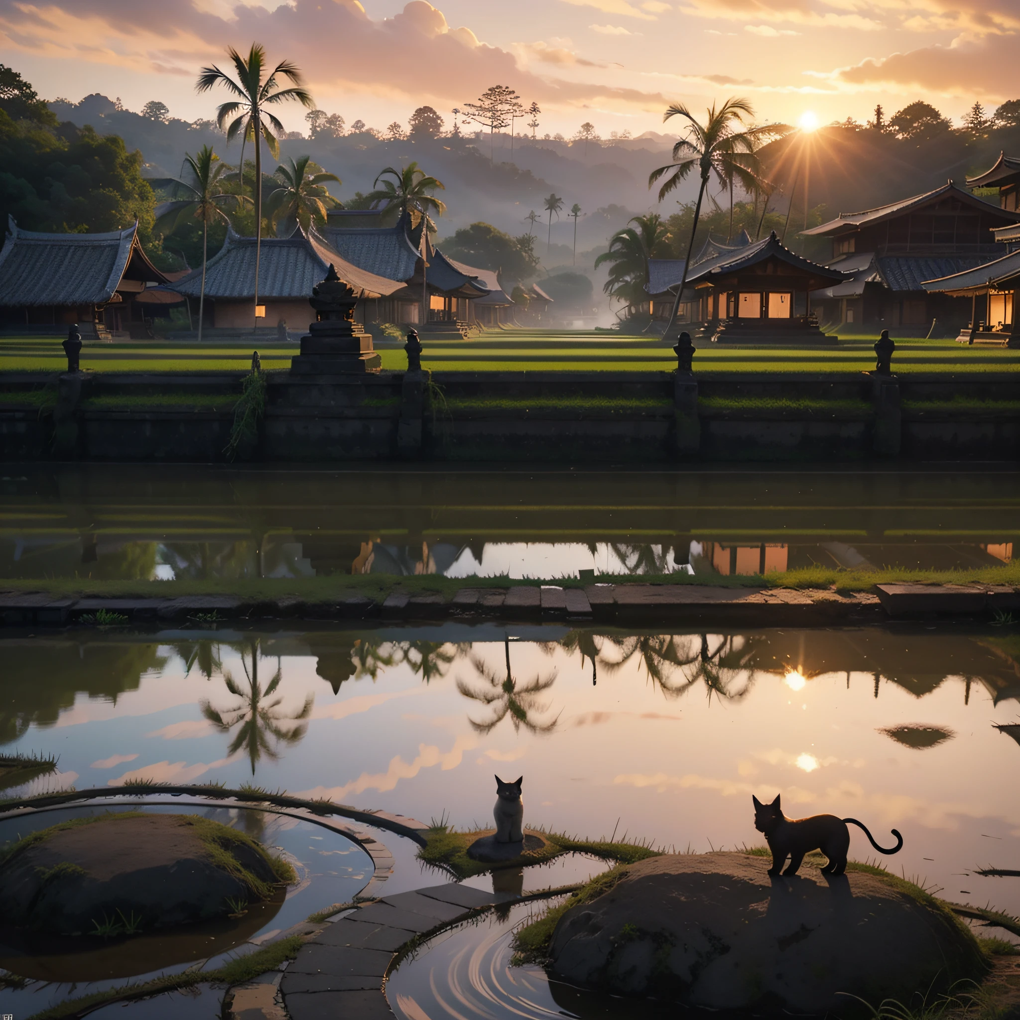 ancient Balinese village, rice paddies, beautiful sunset, clear sky, red sky, magic sunset, great temple in the background, cats playing. 
(best quality, 4k, highres, masterpiece:1.2), ultra-detailed, (realistic, photorealistic, photo-realistic:1.37), HDR, UHD, studio lighting, ultra-fine painting, sharp focus, physically-based rendering, extreme detail description, professional, vivid colors, bokeh, portraits, landscape, horror, anime, sci-fi, photography, concept artists, warm color palette, soft lighting.