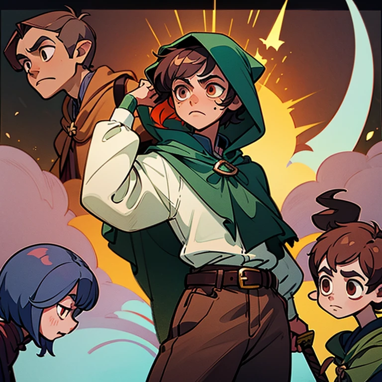 25 years, the hobbit, 1boy, grown up, 独奏, Short Hair Hair, pixie cut, cloak, (a hood on his head)) Coiling hair, light skin, medieval, adventurer, fantasy, chocolate hair, dark green cloak, brown eye, grimm, scar on the cheek, Sword on the belt, Dark colors, brown pants, white shirt