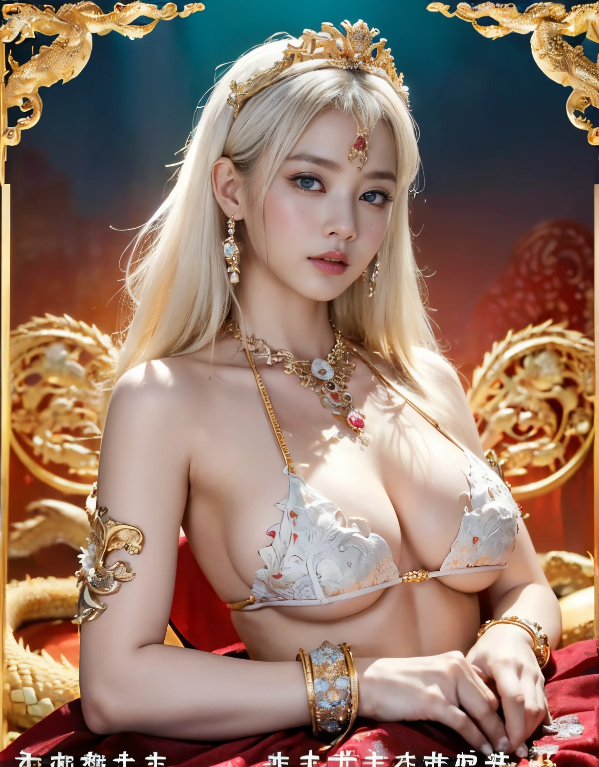 (intense chest expression）,top-quality、​masterpiece、超A high resolution、（Gold Dragon Armor）、(((Colossal tits)))、(((large floral ornament on the head))),(((Detailed Micro Bikini))),(Wearing a beautiful crown made of jewels),(Photorealsitic:1.4)、Raw photo、女の子1人、(((Random hair))、(((Take different poses)))、glowy skin、(((White Chinese Dragon)))、Intricate and ornate hair ornaments、（Looks like a gorgeous jewelry necklace）、（Full Body Angle）、（fight big dragonet bikini）、((Beautiful sea background)),Precipitous cliffs、(Castle background)、((super realistic details))、portlate、globalillumination、（sexypose）、Shadow、octan render、8K、ultrasharp、Colossal tits、Raw skin exposed in the cleavage、metals、Details of complex ornaments、Japan details、highly intricate detail、Blue eyes、Eyes shining towards the camera、Toostock、（Full Body Angle）、（veils）、(((Heavy Big))),((she is wearing a beautiful jeweled bangle.)),Beautiful hip line、