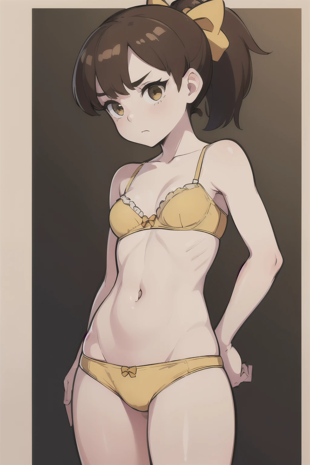 (top-quality:1.3), (masterpiece:1.4),(Anatomically correct), 1girl, young adult, cute face ,short, petite, pale skin, brown eyes, brown hair, ponytail hair, white bow in hair, yellow bra, yellow panties, barefeet
