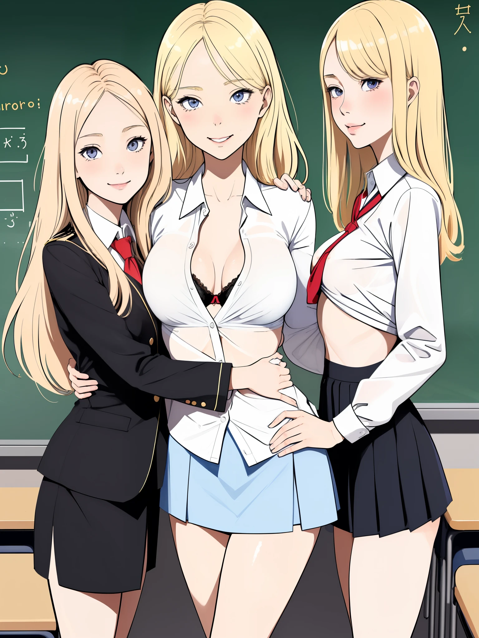(superflat, flat shading, flat colors:1.1), (classroom), (2girls young  student and  teacher), slim, small breast, blonde hair, school uniform, teacher uniform, open shirt, white bra, (hugging from behind), (grab breast), shy, smile, blush, standing by blackboard, bright sunlight, best shadows, watercolor