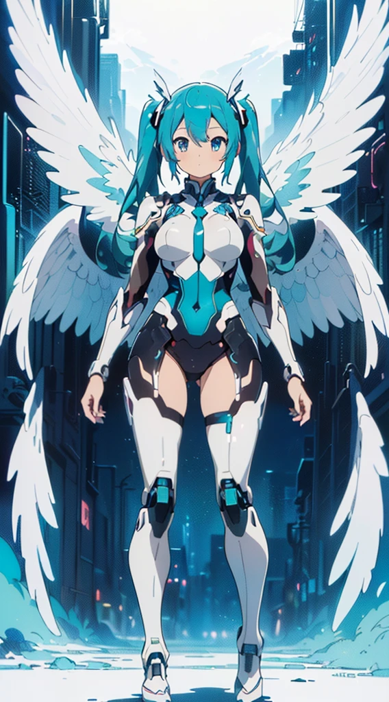 ((((masterpiece, high quality, very_high_resolution, anime colored, Elaborate design, visual art, high quality)))), (((hatunemiku VOCALOID))), twintail, turquoise hair, mecha, 1girl, cyberpunk, realistic, mechanical parts, ((((Angel wings)))), powerd suit, robot joints, headgear, full armor, high heels, armor color((((white)))), beautiful art,