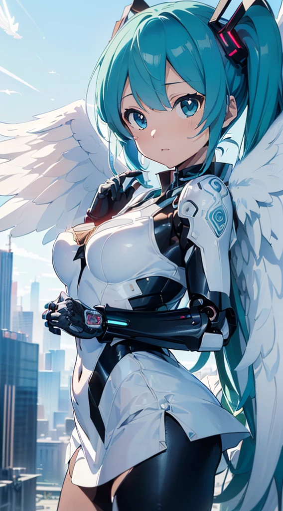 ((((masterpiece, high quality, very_high_resolution, anime colored, Elaborate design, visual art, high quality)))), (((hatunemiku VOCALOID))), twintail, turquoise hair, mecha, 1girl, cyberpunk, realistic, mechanical parts, ((((Angel wings)))), powerd suit, robot joints, headgear, full armor, high heels, armor color((((white)))), beautiful art,