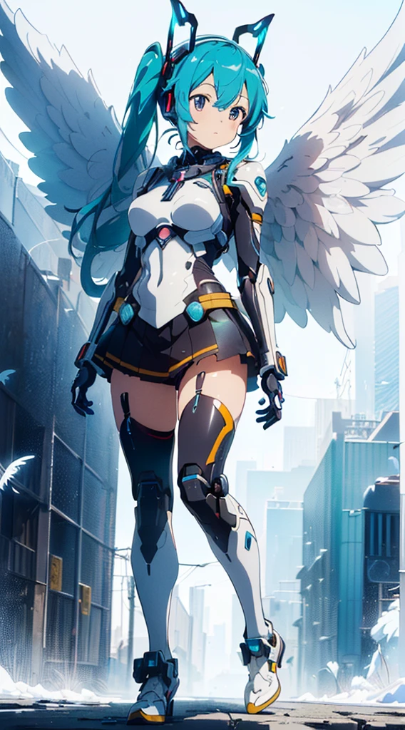 ((((masterpiece, high quality, very_high_resolution, anime colored, Elaborate design, visual art, high quality)))), (((hatunemiku VOCALOID))), twintail, turquoise hair, mecha, 1girl, cyberpunk, realistic, mechanical parts, ((((Angel wings)))), powerd suit, robot joints, headgear, full armor, high heels, armor color((((white)))), beautiful art,