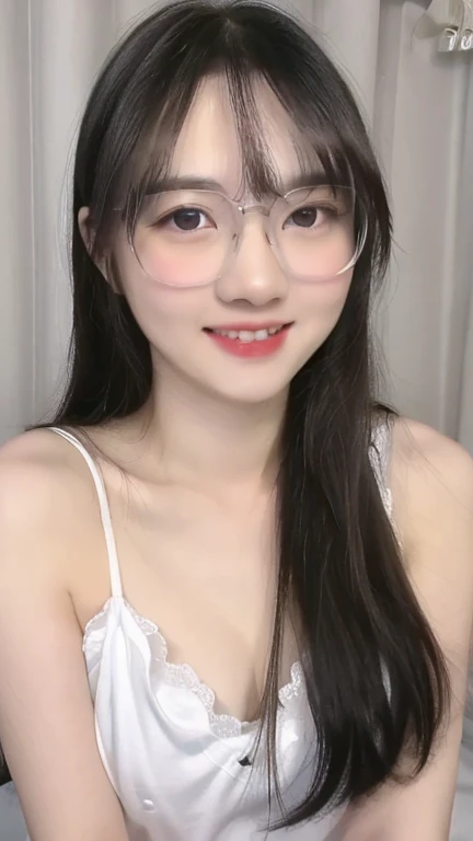 (realistic, high resolution:1.3), 1 girl with perfect figure, glasses, smile, ((pale white skin:1.3)) ,(gigantic breasts:1.3), looking at viewers, super fine face and eyes, long hair, white transparent lace veil: 1.2 , in bedroom, sit on the bed, , exposed cleavage, upper body, half body