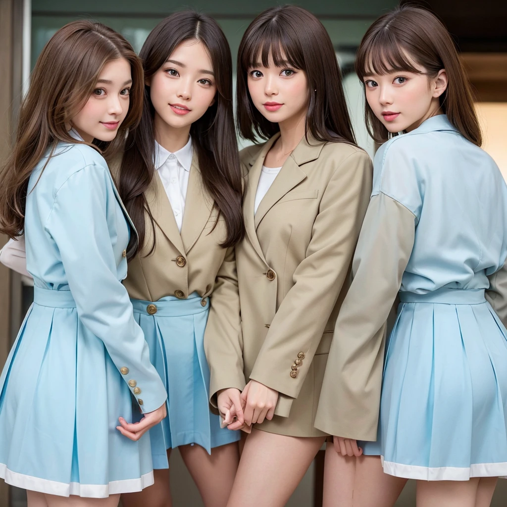 (best quality, masterpiece), (muscular:0.7), Japanese model, athletic, long hair, smile, happy, wavy hair, standing , looking at viewer, ((short silk skater skirt)), makeup,  pantyhose, thigh high boots, navy puffer coat, down coat, red silk bra, large breasts, 2 girls (((hugging)))