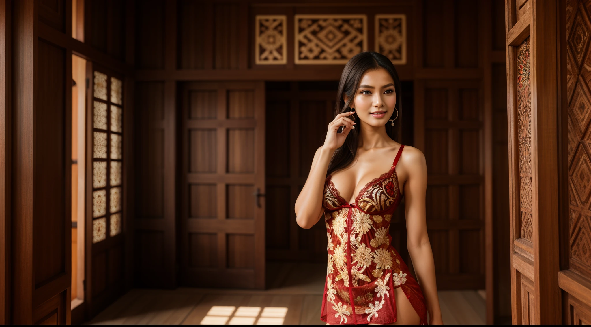 ((a girl (stand:1.2) (alone:1.6) in a room)),((full-body:1.2, cinematic-shot)),(best quality,4k,8k,highres,masterpiece:1.2),ultra-detailed,(realistic,photorealistic,photo-realistic:1.37),(beautiful and aesthetic:1.2),(film grain:1.3).

[(1girl),(solo),((1 person)),(25years-old),[Rara-Eka-Danti],pearl skin,(skin pores:1.1),beautiful detailed eyes,beautiful detailed lips,extremely detailed eyes,longeyelashes,extremely detailed face and skin texture,(skin texture:1.1),black hair,tall and slender body,(192cm tall),thin and delicate figure,graceful posture,flawless skin,defined abs,perfect curves,feminine appearance,beautiful long legs,embodying elegance and beauty,(cleavage breasts,large breasts:1.6),((wearing a see-through (red ultra-short batik-cotton lingerie-dress:1.4))),extremely detailed and realistic (red) clothes,(shiny skin),((sharp focus:1.5)),(earringeathers:1.5),(happy expression,full smile)].

[Indonesian traditional room, wooden furniture, intricate carvings, ornate decorations, vibrant colors, batik textiles, natural lighting, teak wood craftsmanship, traditional artwork, antique objects, wooden sculptures, rich cultural heritage, traditional architecture].

Official art,extremely detailed,Angelic ethereal beauty,award-winning photography,professional photography,depth-of-field,bokeh.