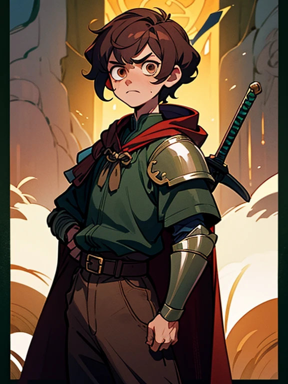 25 years, the hobbit, 1boy, grown up, 独奏, Short Hair Hair, pixie cut, cloak, (a hood on his head)) Coiling hair, light skin, medieval, adventurer, fantasy, chocolate  hair, dark green cloak, brown eye, anger, scar on the cheek, Sword on the belt, Dark colors, brown pants, Leather armor, quilted armor