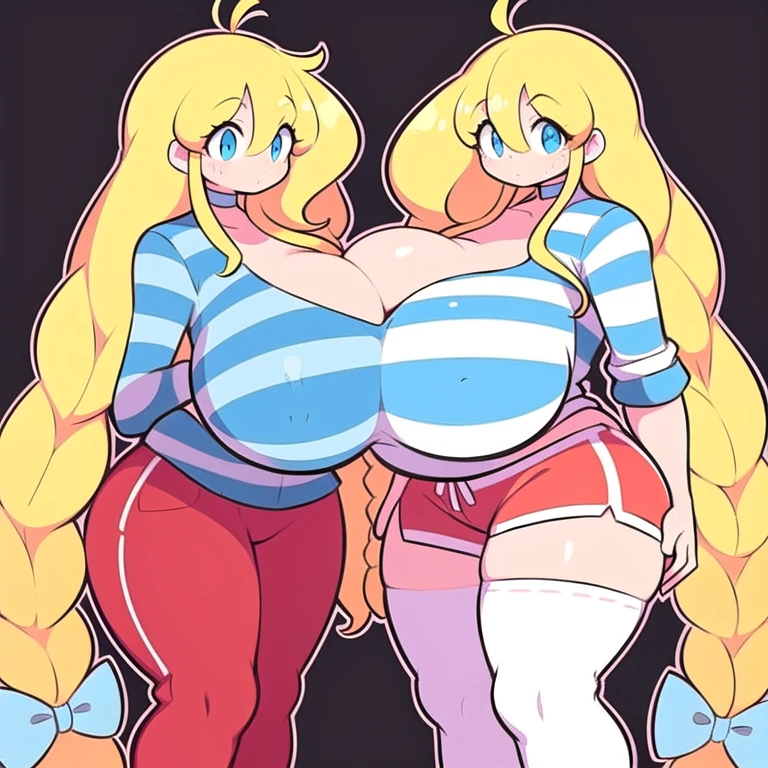 cassie, theycallhimcake, blonde hair, blonde hair, very long hair, braid, bow, striped shirt, red shorts, gigantic breasts, blue shirt