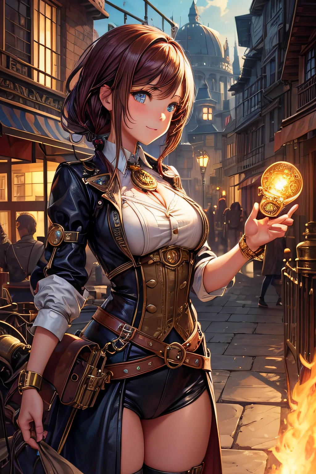 Create an illustration depicting a girl overlooking a steampunk cityscape. The girl is african, has black skin and crymson red hair.The girl should be standing in a vantage point, Rooftops, bridges, etc., Look down on the intricately designed steampunk city below. The cityscape should be meticulous and detailed, Showcase the intricacies of gears, pipes, And glamorous architecture. Her expression was、It should be one of the surprises and curiosities when observing a bustling city full of mechanical wonders, blimp, And glamorous architecture. Surround the scene with a warm atmosphere, Golden light to enhance the atmosphere, Emphasize brass and copper tones of steampunk elements. Capturing the adventurous spirit and charm in the eyes of a girl, Reflecting the charm of the fantastic steampunk world around her. The whole illustration should have a nostalgic vibe, Girl smiles. highly detailed, vibrant appearance, creative behavior, extremly detailed, imaginative, sensual, spontaneous, highest quality, skin texture, intricate details, (cinematic lighting), RAW photo, 8k, masterpiece,best quality,ultra-detailed,very detailed illustrations,extremely detailed,intricate details,highres,super complex details,extremely detailed 8k cg wallpaper,