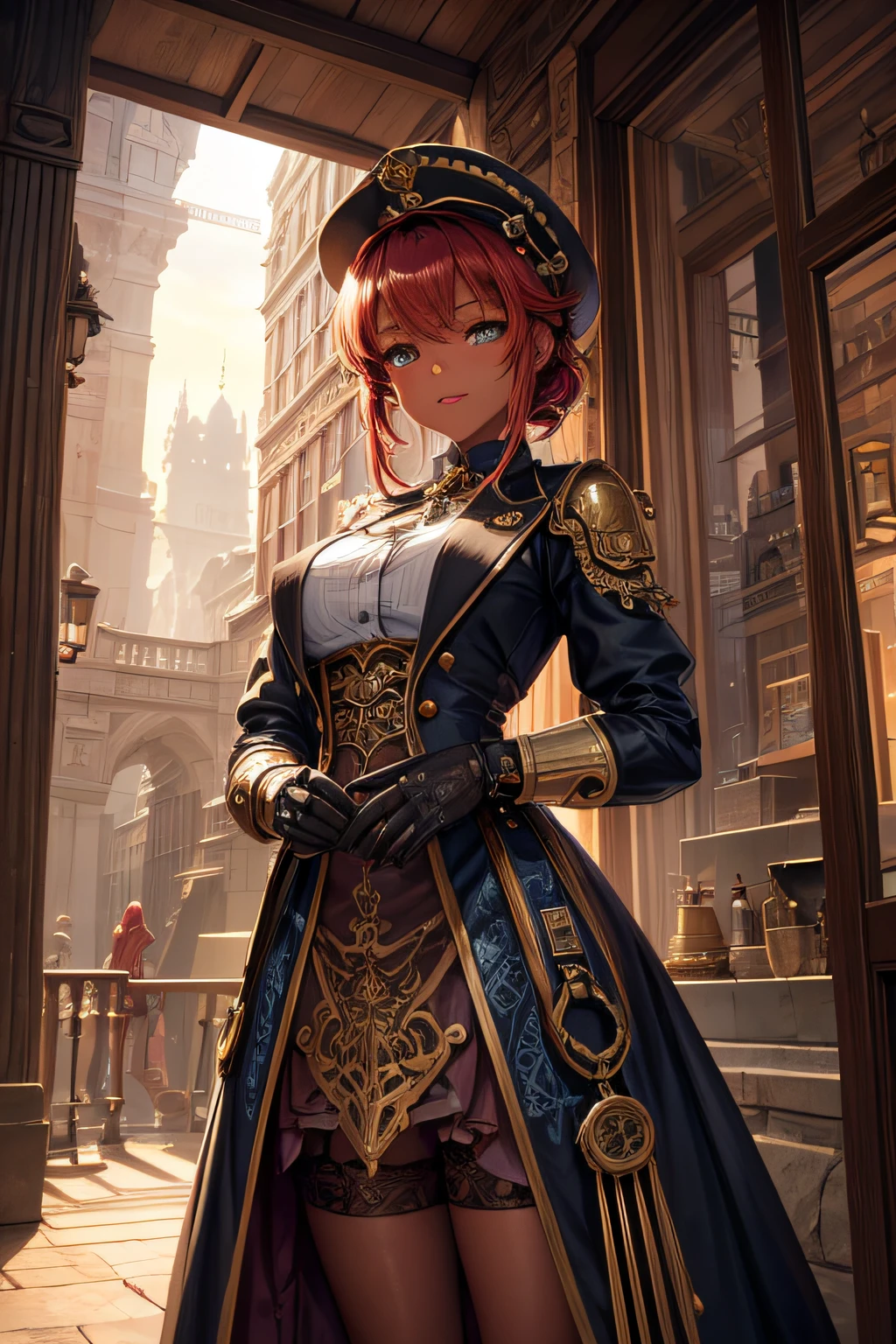 Create an illustration depicting a  girl overlooking a steampunk cityscape. The girl is african, has black skin and crymson red hair.The girl should be standing in a vantage point, Rooftops, bridges, etc., Look down on the intricately designed steampunk city below. The cityscape should be meticulous and detailed, Showcase the intricacies of gears, pipes, And glamorous architecture. Her expression was、It should be one of the surprises and curiosities when observing a bustling city full of mechanical wonders, blimp, And glamorous architecture. Surround the scene with a warm atmosphere, Golden light to enhance the atmosphere, Emphasize brass and copper tones of steampunk elements. Capturing the adventurous spirit and charm in the eyes of a girl, Reflecting the charm of the fantastic steampunk world around her. The whole illustration should have a nostalgic vibe, Girl smiles. highly detailed, vibrant appearance, creative behavior, extremly detailed, imaginative, sensual, spontaneous, highest quality, skin texture, intricate details, (cinematic lighting), RAW photo, 8k, masterpiece,best quality,ultra-detailed,very detailed illustrations,extremely detailed,intricate details,highres,super complex details,extremely detailed 8k cg wallpaper,