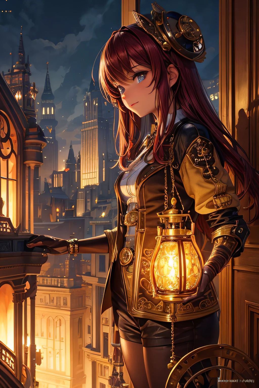 Create an illustration depicting a girl overlooking a steampunk cityscape. The girl is african, has black skin and crimson red hair.The girl should be standing in a vantage point, Rooftops, bridges, etc., Look down on the intricately designed steampunk city below. The cityscape should be meticulous and detailed, Showcase the intricacies of gears, pipes, And glamorous architecture. Her expression was、It should be one of the surprises and curiosities when observing a bustling city full of mechanical wonders, blimp, And glamorous architecture. Surround the scene with a warm atmosphere, Golden light to enhance the atmosphere, Emphasize brass and copper tones of steampunk elements. Capturing the adventurous spirit and charm in the eyes of a girl, Reflecting the charm of the fantastic steampunk world around her. The whole illustration should have a nostalgic vibe, Girl smiles. highly detailed, vibrant appearance, creative behavior, extremly detailed, imaginative, sensual, spontaneous, highest quality, skin texture, intricate details, (cinematic lighting), RAW photo, 8k, masterpiece,best quality,ultra-detailed,very detailed illustrations,extremely detailed,intricate details,highres,super complex details,extremely detailed 8k cg wallpaper,