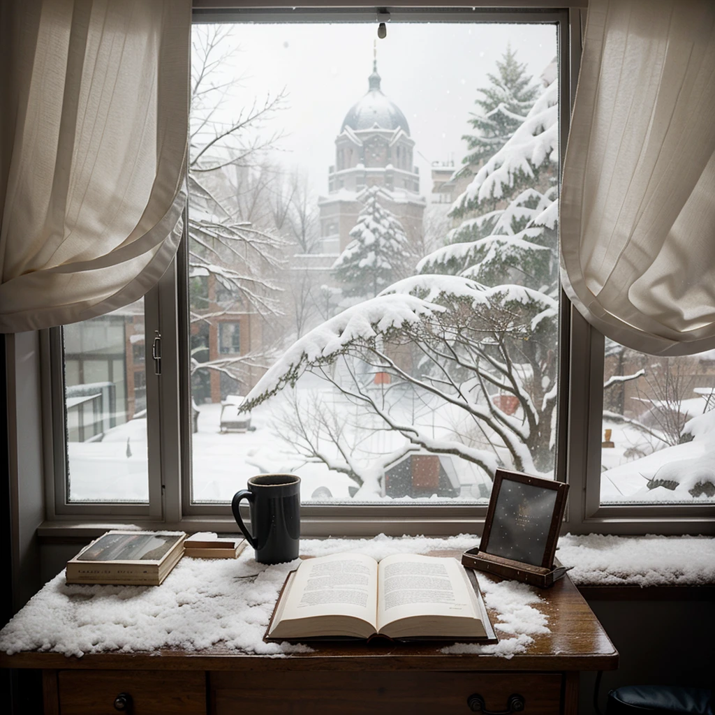 Hardcover book open in a desk in front of a window outside is snowing