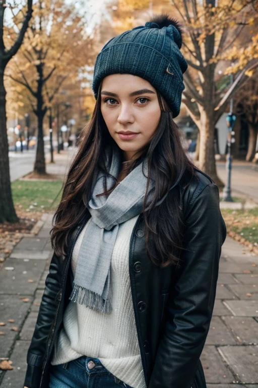 1girl, Solo, One woman of about 25 years old, black long hair, Close-up portrait, Hazel eyes, Bewitching look, Inviting look,jacket and scarf,blue jeans, woolly hat, standing outside, park photography, mature woman, body measurement 36-25-35, RAW Photography, 8k, , Masterpiece, Full Body Shooting, Top Quality, Fine Pore, Realistic, Photorealistic, Ultra Detailed