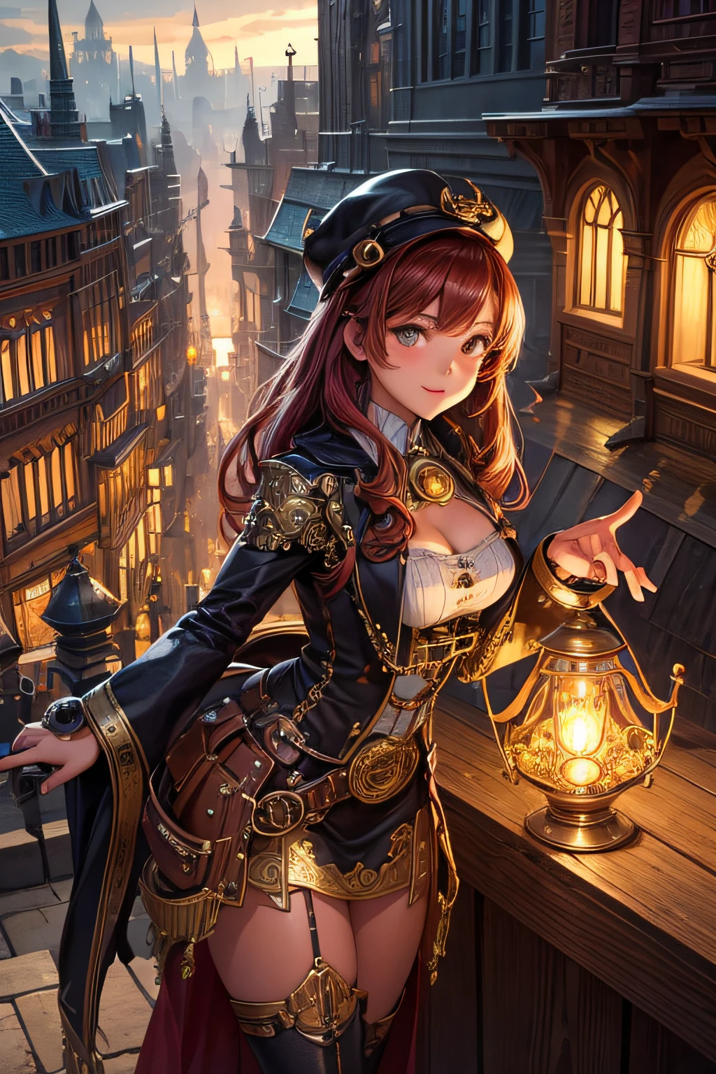 Create an illustration depicting a little african girl overlooking a steampunk cityscape. She has dark brown skin and crimson red hair. The girl should be standing in a vantage point, Rooftops, bridges, etc., Look down on the intricately designed steampunk city below. The cityscape should be meticulous and detailed, Showcase the intricacies of gears, pipes, And glamorous architecture. Her expression was、It should be one of the surprises and curiosities when observing a bustling city full of mechanical wonders, blimp, And glamorous architecture. Surround the scene with a warm atmosphere, Golden light to enhance the atmosphere, Emphasize brass and copper tones of steampunk elements. Capturing the adventurous spirit and charm in the eyes of a girl, Reflecting the charm of the fantastic steampunk world around her. The whole illustration should have a nostalgic vibe, Girl smiles. highly detailed, vibrant appearance, creative behavior, extremly detailed, imaginative, sensual, spontaneous, highest quality, skin texture, intricate details, (cinematic lighting), RAW photo, 8k, masterpiece,best quality,ultra-detailed,very detailed illustrations,extremely detailed,intricate details,highres,super complex details,extremely detailed 8k cg wallpaper,
