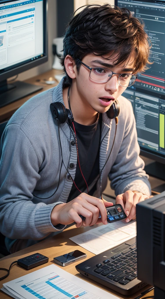 A 24-year-old boy working at a computer monitor, close-up of a surprised expression, ((teenager)) --auto --s2