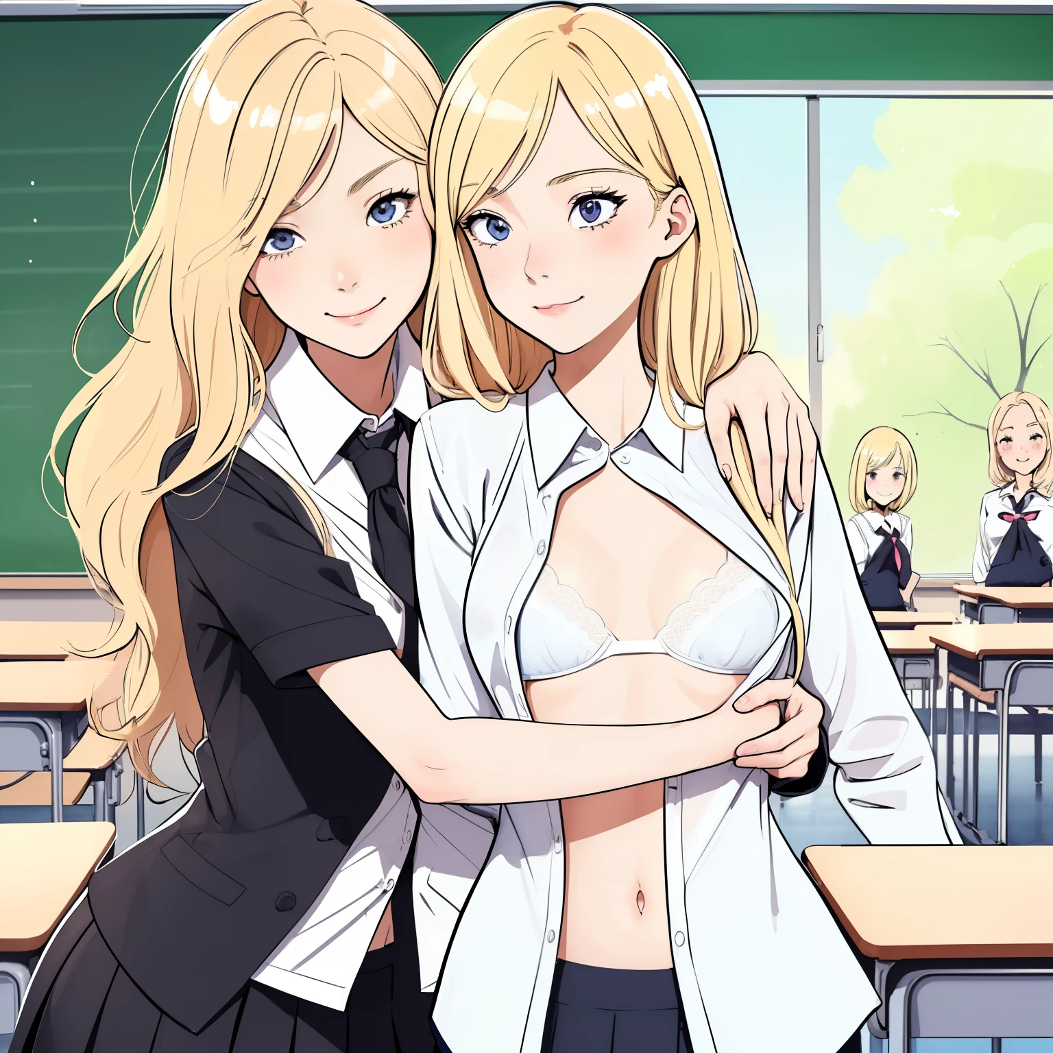 (superflat, flat shading, flat colors:1.1), (classroom), (2girls young student and teacher), slim, small breast, blonde hair, school uniform, teacher uniform, open shirt, white bra, (hugging from behind), (grab breast), shy, smile, blush, standing by blackboard, bright sunlight, best shadows, watercolor