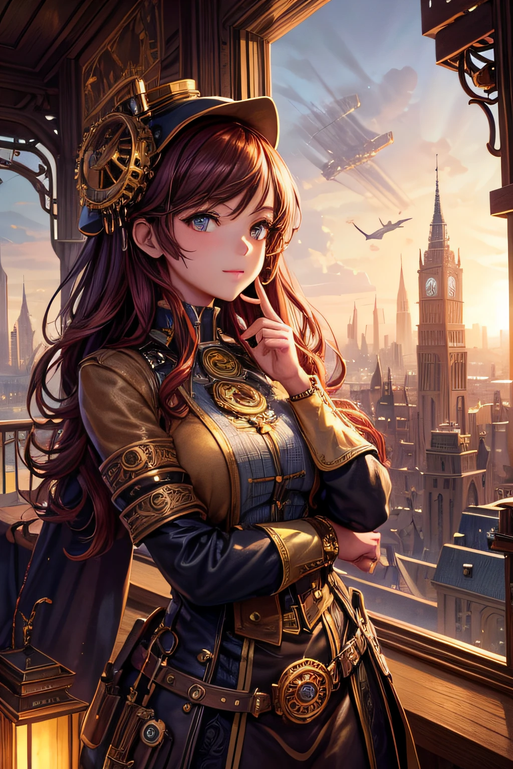 Create an illustration depicting a  african girl overlooking a steampunk cityscape. She has afro dark brown skin and crimson red hair. The girl should be standing in a vantage point, Rooftops, bridges, etc., Look down on the intricately designed steampunk city below. The cityscape should be meticulous and detailed, Showcase the intricacies of gears, pipes, And glamorous architecture. Her expression was、It should be one of the surprises and curiosities when observing a bustling city full of mechanical wonders, blimp, And glamorous architecture. Surround the scene with a warm atmosphere, Golden light to enhance the atmosphere, Emphasize brass and copper tones of steampunk elements. Capturing the adventurous spirit and charm in the eyes of a girl, Reflecting the charm of the fantastic steampunk world around her. The whole illustration should have a nostalgic vibe, Girl smiles. highly detailed, vibrant appearance, creative behavior, extremly detailed, imaginative, sensual, spontaneous, highest quality, skin texture, intricate details, (cinematic lighting), RAW photo, 8k, masterpiece,best quality,ultra-detailed,very detailed illustrations,extremely detailed,intricate details,highres,super complex details,extremely detailed 8k cg wallpaper,