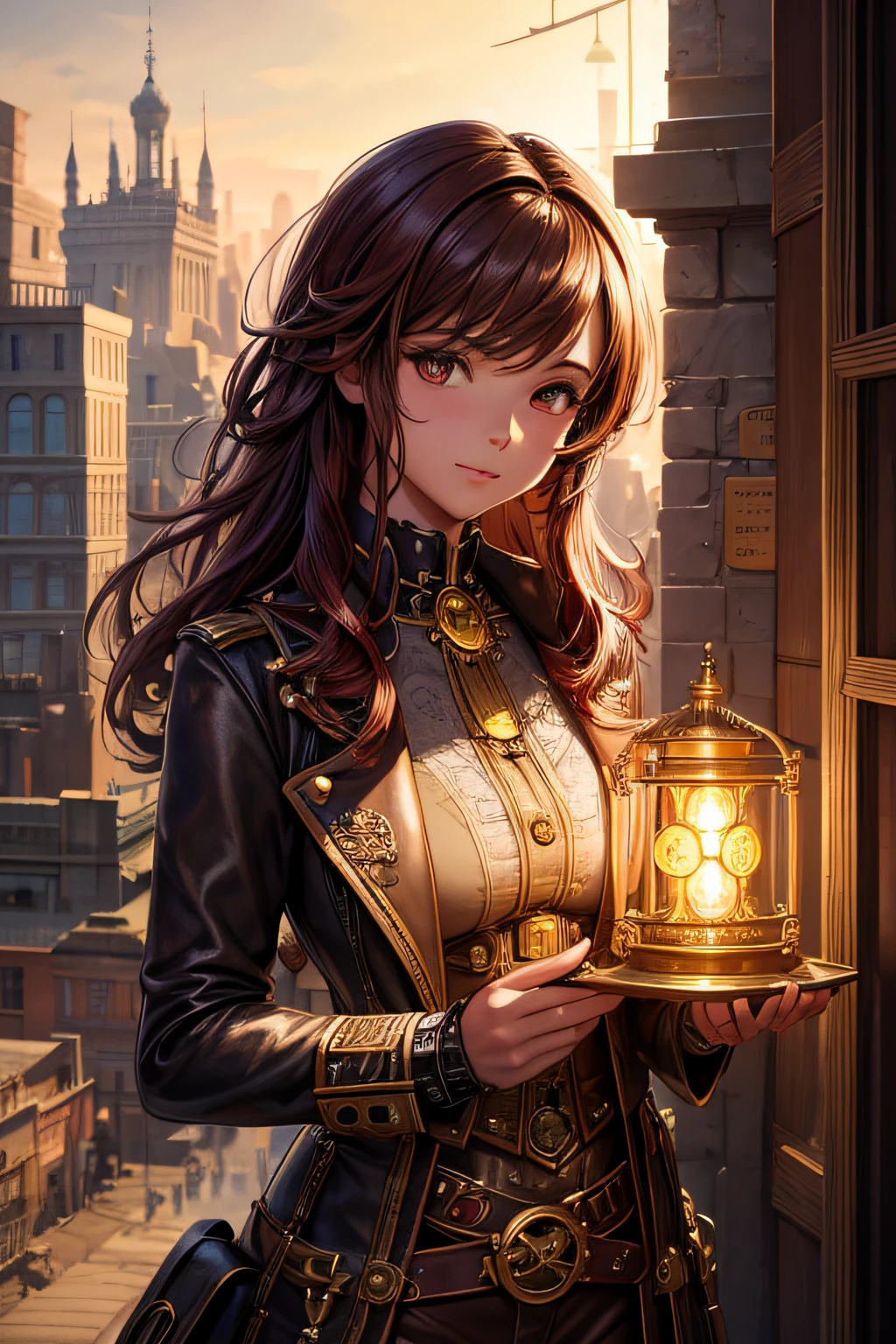 Create an illustration depicting a  african girl overlooking a steampunk cityscape. She has afro dark brown skin and crimson red hair. The girl should be standing in a vantage point, Rooftops, bridges, etc., Look down on the intricately designed steampunk city below. The cityscape should be meticulous and detailed, Showcase the intricacies of gears, pipes, And glamorous architecture. Her expression was、It should be one of the surprises and curiosities when observing a bustling city full of mechanical wonders, blimp, And glamorous architecture. Surround the scene with a warm atmosphere, Golden light to enhance the atmosphere, Emphasize brass and copper tones of steampunk elements. Capturing the adventurous spirit and charm in the eyes of a girl, Reflecting the charm of the fantastic steampunk world around her. The whole illustration should have a nostalgic vibe, Girl smiles. highly detailed, vibrant appearance, creative behavior, extremly detailed, imaginative, sensual, spontaneous, highest quality, skin texture, intricate details, (cinematic lighting), RAW photo, 8k, masterpiece,best quality,ultra-detailed,very detailed illustrations,extremely detailed,intricate details,highres,super complex details,extremely detailed 8k cg wallpaper,