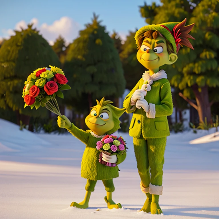 grinch holding bouquet