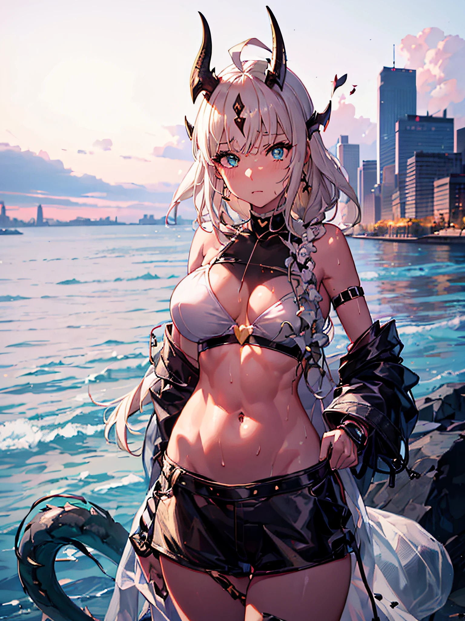 (((Good face, good eyes, pretty  face, Good mouth, Good nose, glowing light eyes))), ((((stomach, Nice belly, thin, shades, Nice navel, the ribs)))), ((((perfect anatomia)))), ((animemanga girl, Japanese cartoon)), detailedbackground, A high resolution, offcial art, (tmasterpiece, Best quality at best, absurd res), ((((1个Giant Breast Girl, Alone)))), ((extreme hight detail)), (ultra - detailed), (ctextured skin), (((Very clear))), Best quality at best, tmasterpiece, A high resolution, (ahoge), (((Chopping))), obi strip, Black belt, Blonde hair, nedium breasts, camisole, Crop top, green-eyed, horn, (((There is light in my heart))), long whitr hair, looking at viewert, mediuml breasts, diaphragm, Official spare clothing, Keep your mouth shut, The upper part of the body, White hair, White jacket, cropped shoulders, Black  shorts, shorter pants, Wrist watch, Black watch, coda, Dragon tail, Black tail, white camisole, hand on own hip, Permanent, (perspiring, pearls of sweat), (Outdoor activities, view over city, Mare, sea beach)