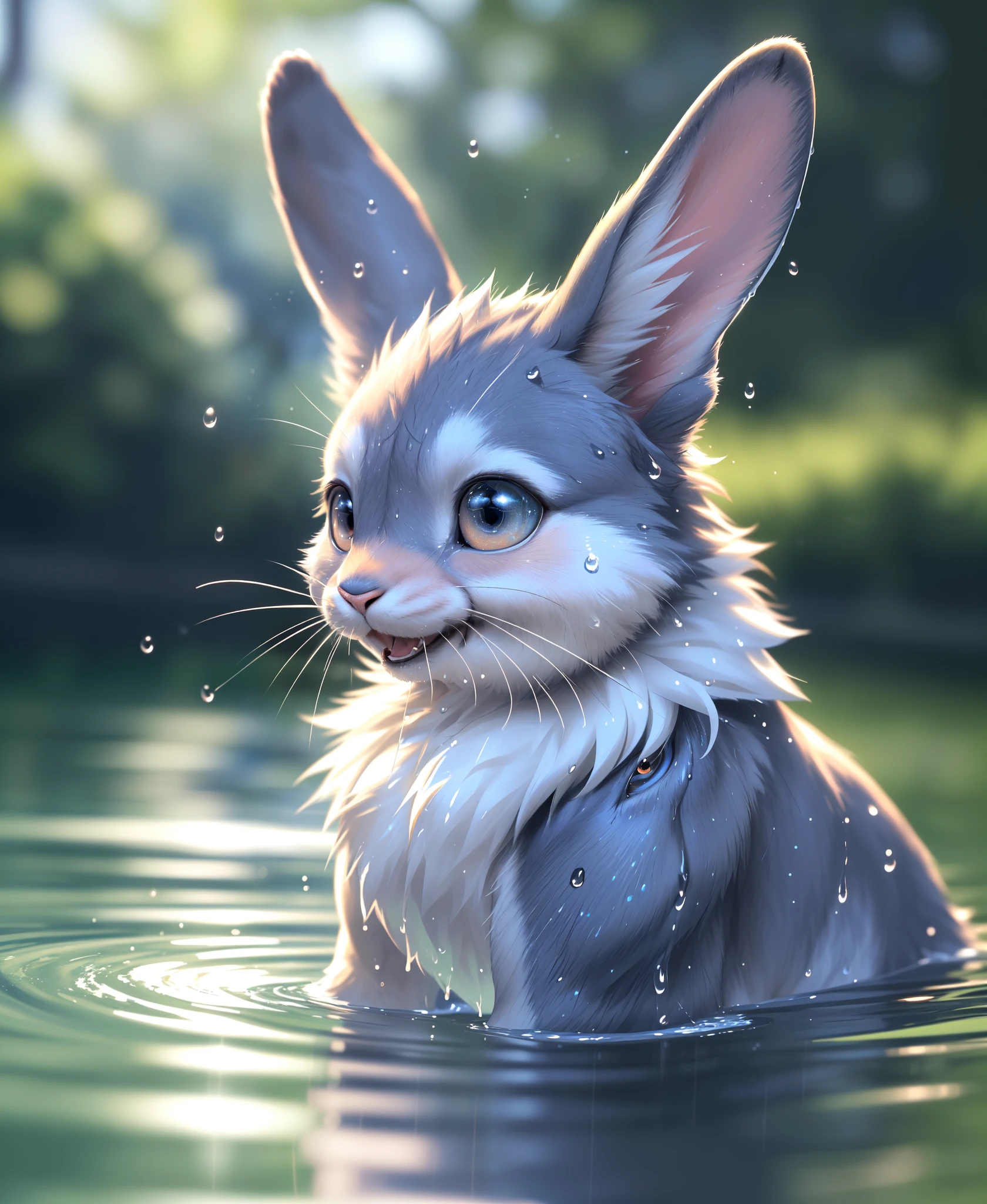 (best quality,4k,8k,highres,masterpiece:1.2),ultra-detailed,(realistic,photorealistic,photo-realistic:1.37),cute happy bunny, rabbit ,soft fur,lively eyes,playful water droplets,fuzzy, tremendously fluffy,shiny wet fur,enjoying the water, adorable expression,vibrant colors, whiskers twitching, sparkling eyes,wet nose,