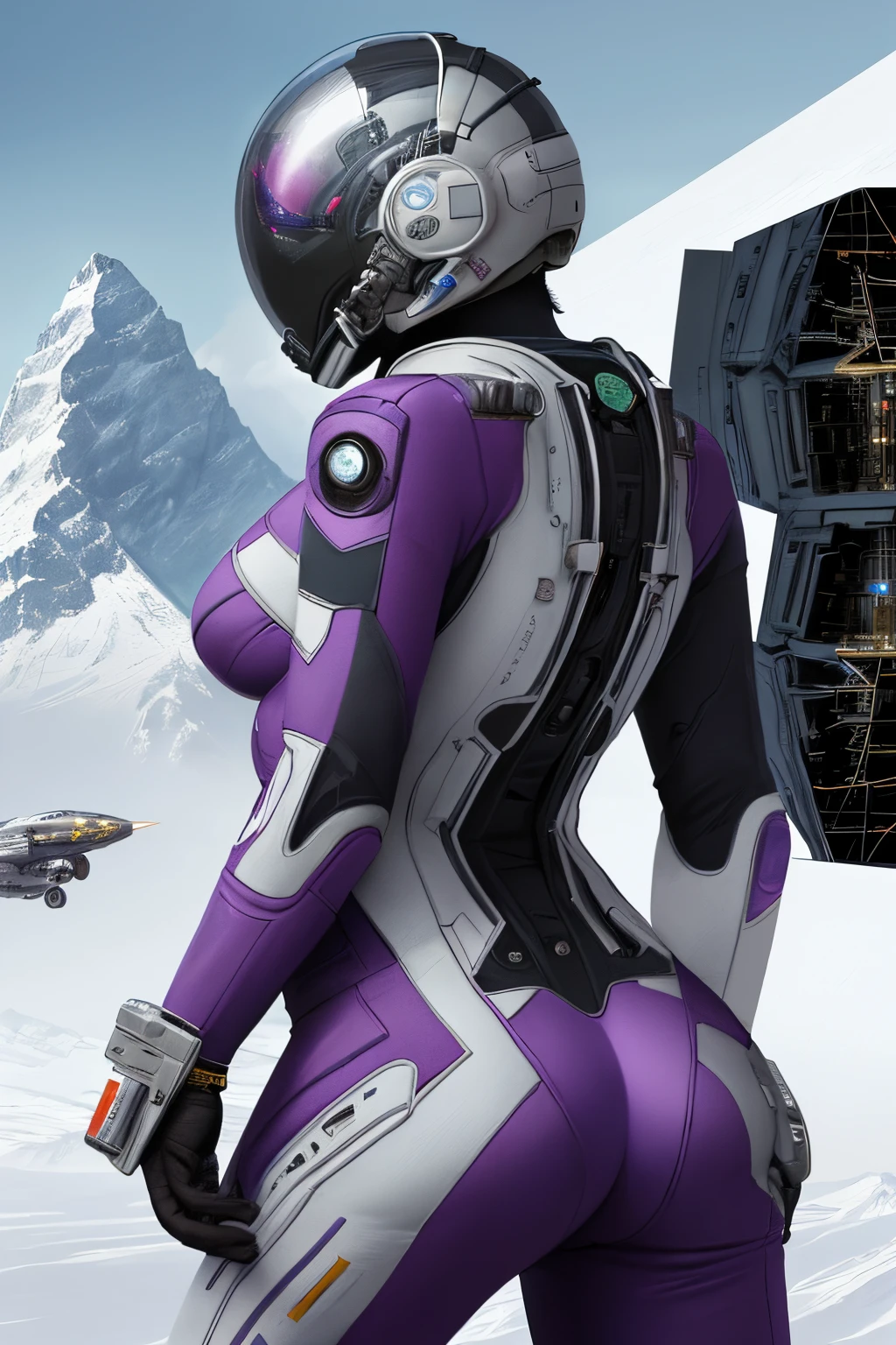 (best quality, masterpiece:1.2), ultra high res, realistic, front lighting, intricate detail, two girl, spaceship, cocpit, science fiction, purple suit, futurist pilot helmet, snowy mountain peak background, anime, back light, third person vision, big background, modern spaceship